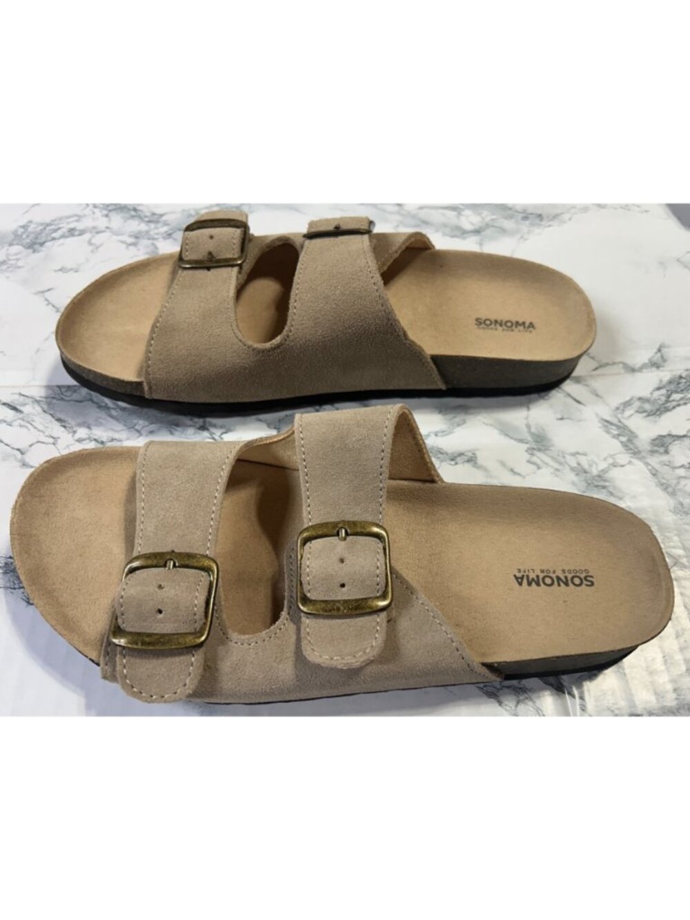 Sonoma Womens Size 9 Taupe Suede Double-Buckle Slide Sandals - Picture 2 of 9